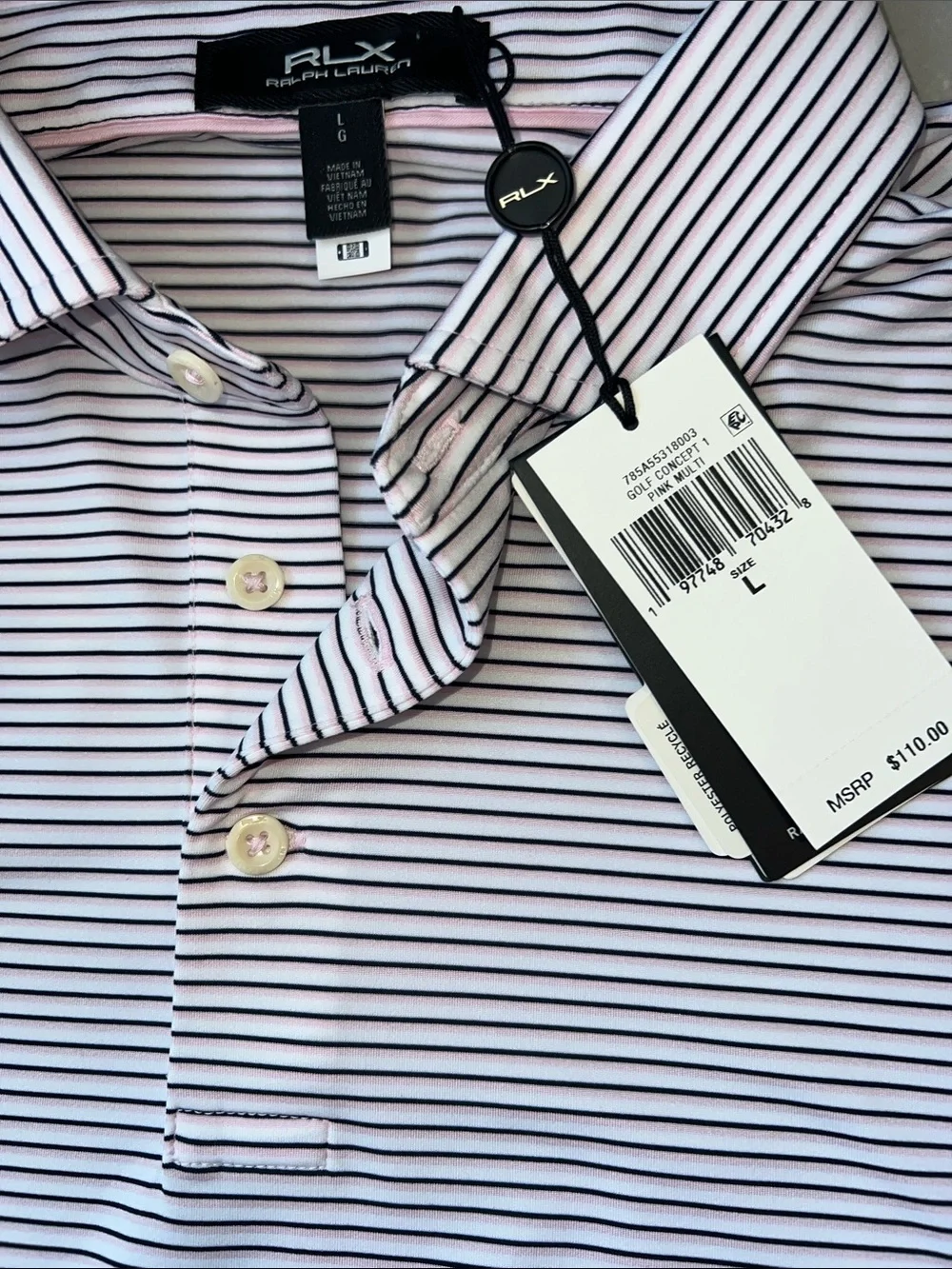 NWT RLX Ralph Lauren Men's Light Pink and Navy Thin-Striped Polo Size Large L